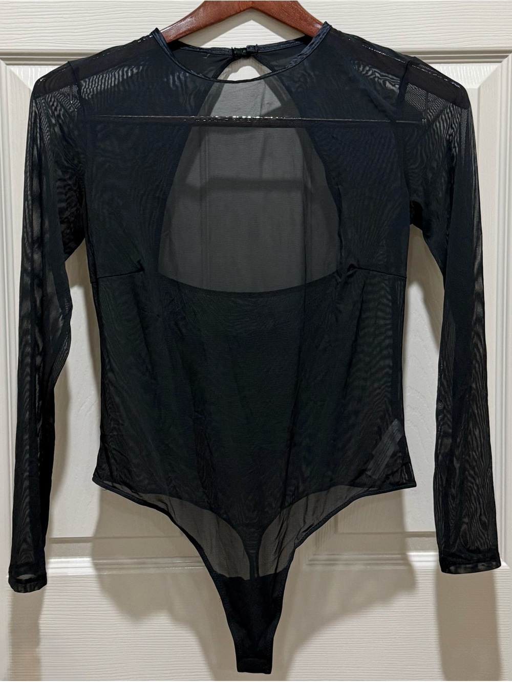 Auden Mesh Bodysuit Women L Black Long Sleeve Sheer Open Back Sexy